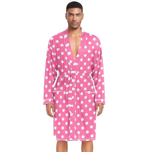 Amooorous Albornoz de lunares de dibujos animados para hombre, color rosa intenso, bata de hotel, manga larga, camisa de noche para hombre, bata de baño para hombre después de la ducha, talla L