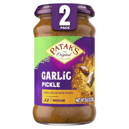 Patak’s Garlic Pickle - Authentic Indian Relish w/Garlic Cloves, Raisins & Aromatic Spices - Perfect for Sandwiches, Curries & Cold Meats - Vegan Medium Heat Spicy Pickle - 10.6oz Jar (Pack of 2)