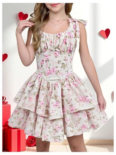Verdusa Girl's Floral Bow Tie Shoulder Princess Dress Summer Tiered Layered Vacation Dresses3