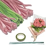 KKLM 手芸モール チューリップの手芸キット ピンク＋グリーン 200本 6mm カラーモール 16本人工花茎 フラワーテープ2巻付き DIYモールフラワー インテリア/手芸用 記念日/誕生日/母の日/バレンタインに最適 花びら作りの楽しさが広がる