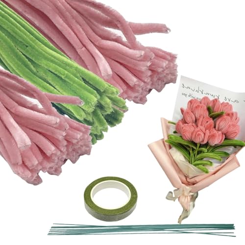 KKLM 手芸モール チューリップの手芸キット ピンク＋グリーン 200本 6mm カラーモール 16本人工花茎 フラワーテープ2巻付き DIYモールフラワー インテリア/手芸用 記念日/誕生日/母の日/バレンタインに最適 花びら作りの楽しさが広がる