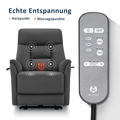 M MCombo Fernsehsessel Elektrisch Verstellbar, Relaxsessel mit Liegefunktion, Massagesessel 3 cm Wandnah, TV Sessel für Enge Räume, USB & Lendenkissen, Wohnzimmer, 7063 (Dunkelgrau) – Bild 6