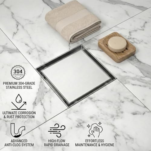 Image of Bathroom Tile Insert Floor Drainer 5 x 5 Inch | Premium Grade 304 Stainless Steel Invisible Shower Drain | Waste Water Floor Outlet for 13mm Tiles with Cockroach Trap