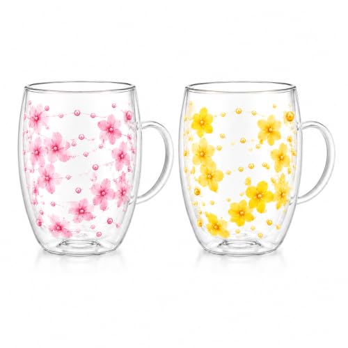 Image of KiKiluxxa 350ml Double Wall Glass Tea Coffee Mug Set of 2 | Glass Cups with Movable Decorative Flowers & Pearl Beads | Insulated Glass Mug for Tea, Coffee, Milk, Gift (Multicolor Assorted)