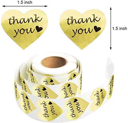 Gold Heart Shape Thank You Stickers, Foil Decorative Sealing Labels, 500 Stickers/Roll, 1.5" Diameter (2 Rolls) #TOP2