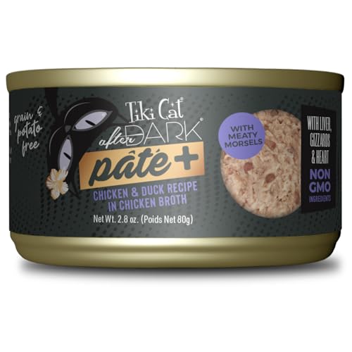 Image of Tiki Cat After Dark Pate+ Wet Cat Food, Chicken & Duck, 2.8oz Can (12 Pack) | Pate, Organ Meat, High Protein, High Moisture for Hydration, Real Chicken and Duck, Grain-free, 2.8 Oz. Cans (Pack of 12)