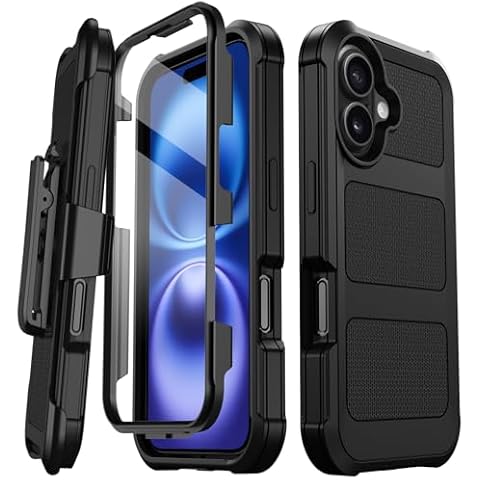 Stroson for iPhone 16 Case, [Built-in Screen Protector] Military Grade Drop Protection Cover Heavy Duty Rugged Shockproof Phone Case for iPhone 16 with Kickstand & Belt Clip Holster 6.1” (Black) Cover