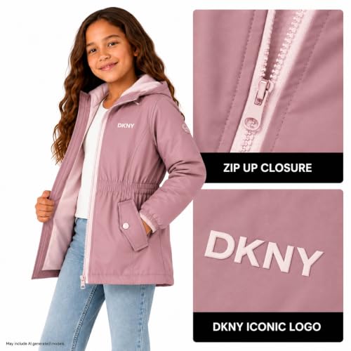 Image of DKNY Girls Midweight Jacket, Anorak Windbreaker, Polar Fleece Lined, Hooded