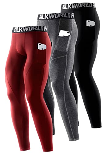 SILKWORLD Men's Compression Pants Pockets Cool Dry Gym Leggings Baselayer Running Tights(Pack of 3: Black,Hemp Gray,Dark Red,3X-Large)