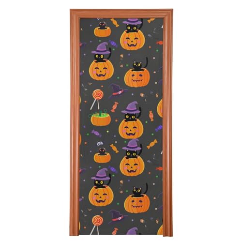 PaChyLuu Carving Pumpkin Cat Door Cover, Front Door Cover Decoration, Door Porch Covers for Home Party Holidays Decoration, 35 x 79 Inch
