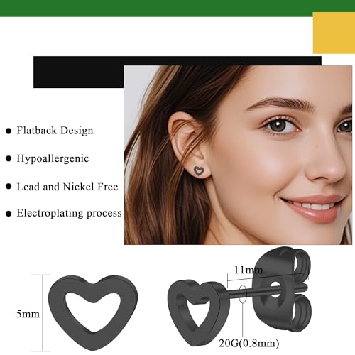 Women's titanium earrings 5MM hollow heart-shaped titanium earring Hypoallergenic earrings Butterfly buckle safety Available in gold/silver/Pink and black Lightweight and comfortable2
