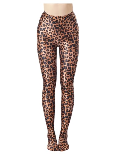 Women's Leopard Print Shiny Sheer High - Waist Footed Tights for Dance & Party