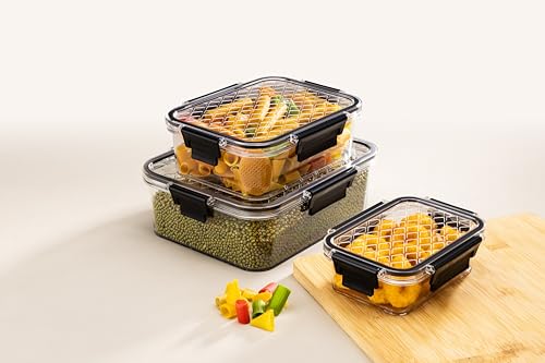 ATTRO Smart Lock Fridge Containers PET Plastic Jars Airtight Lids Multi-Purpose Kitchen Organiser for Pulses Cereals Spices & More – Black- Set Of 3-350ml, 750ml, 1500ml