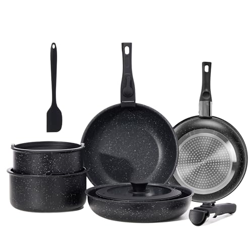 Sweetcrispy 12 pcs Pots and Pans Set, Nonstick Kitchen Induction Cookware Suit with Detachable Handle, Dishwasher Oven Safe, Black