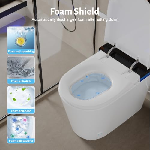 Image of Luxury Smart Toilet with Tank, Elongated Electric Bidet Toilet with Foam Shield, Cleaner Tablets, Dual Auto Flush /Lid&Seat, Foot Sensor, UV-C light, One Piece Toilets with Dryer, LED Display