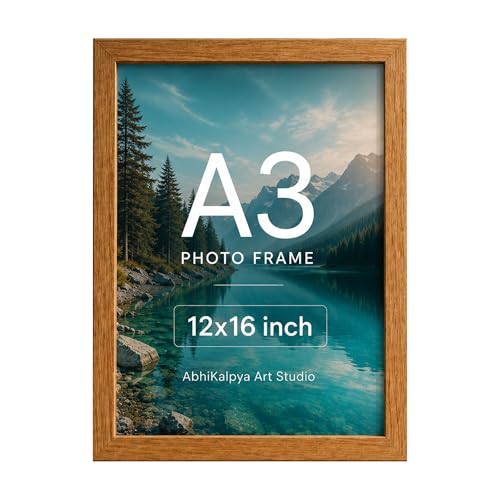 Image of Abhikalpya Art Studio 12x16 Inch A3 Size Photo Frame for Wall - Vertical & Horizontal Wooden Look Picture Frame for Home Decor, Poster, Certificate, Artwork, Gallery Wall Set of (1) (Teak colour)