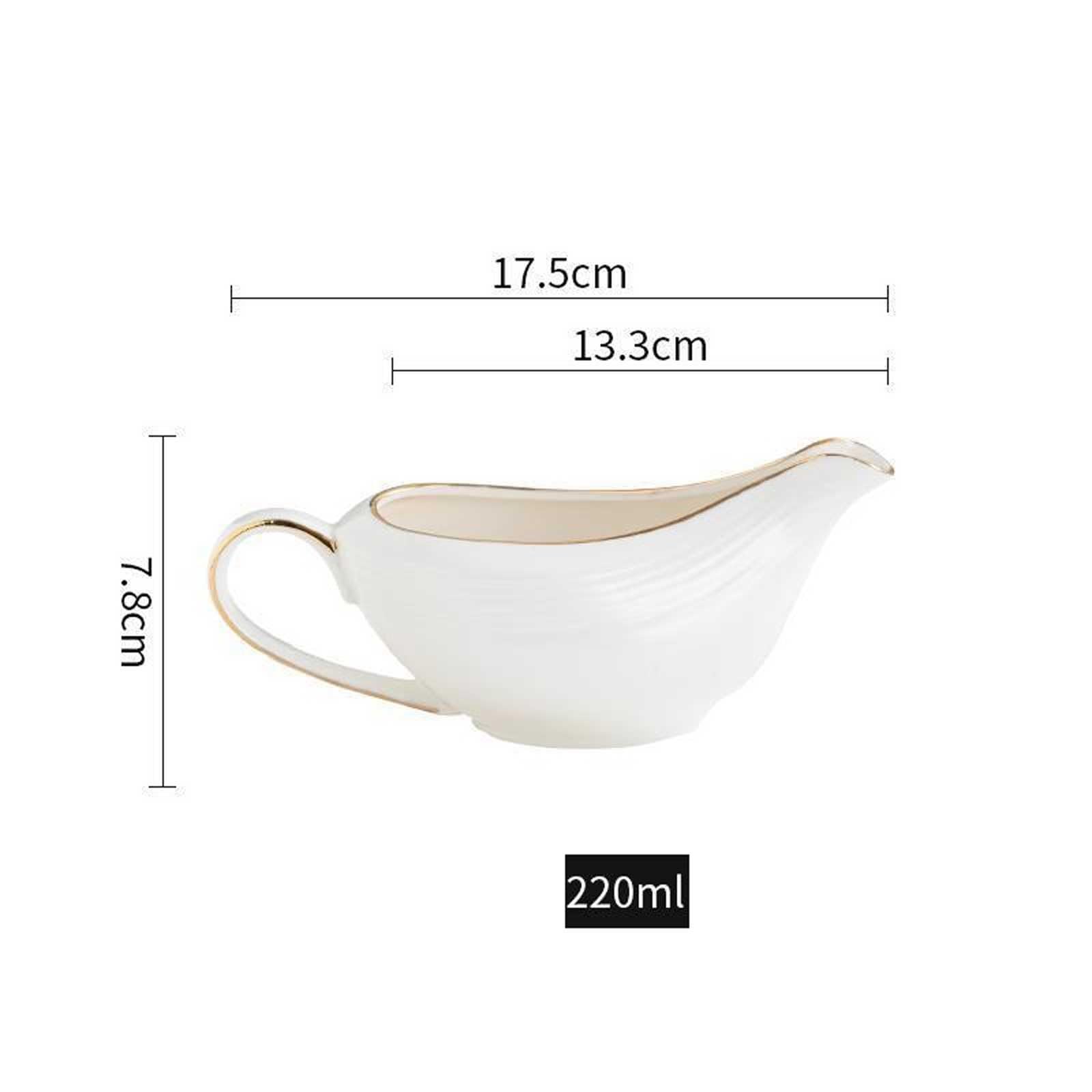 Elegante salsiera in porcellana bianca da 209,8 g, con bordo dorato e manico ergonomico, ideale per salse, condimenti per insalata, latte e altro ancora