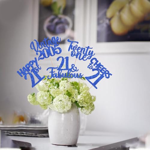 Image of 15 PCS 21st Birthday Centerpiece Sticks Glitter Twenty One Happy 21 Vintage 2005 Table Flower Centerpieces Sticks Cheers to 21 Fabulous Floral Decorations for 21st Birthday Party Supplies Blue