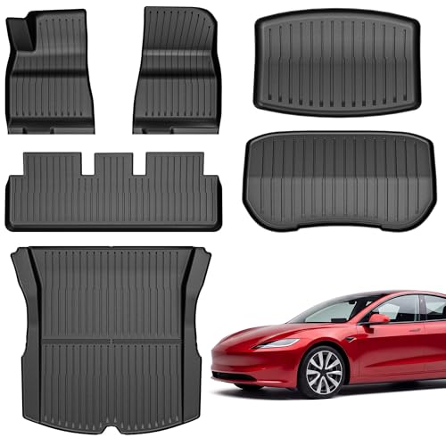 YITAMOTOR Floor Mats Fit for 2024 2025 2026 Tesla Model 3 Highland, 6PCS Full Cover Car Mats with Front/Rear/Cargo Liners, TPE All-Weather Custom Fit