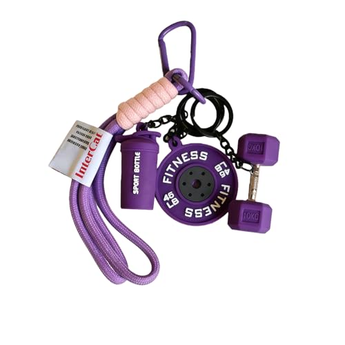 InterCat Fitness Keychains Set for Women, Purple Silicone Mini Dumbbell Weight Bottle Gym Charms, Cute Gym Bag Accessories, Fitness Enthusiast Gift for Men Women