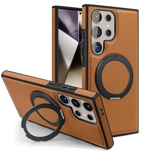 Newhalper Magnetic PU Leather Case Fit for Samsung Galaxy S24 Ultra [Compatible with MagSafe][360-Degree Rotatable Ring Stand & Kickstand] Phone Cover for Samsung S24 Ultra (Brown)