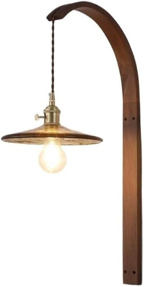 LYOUAE Mid-Century Zen Aesthetic Wall Sconce Retro Walnut Wood Wall Light Ceramic/Glass Shade Hanging Wall Lamp for Bedroom Living Room Hallway(Glass Shade)