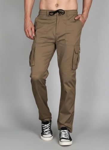 Image of Vogaan Men's Cotton Cargo Pants | Casual Trousers for Men | Comfortable Lower for Men | Breathable Pants with 6 Pockets & Drawstring Elastic Waistband