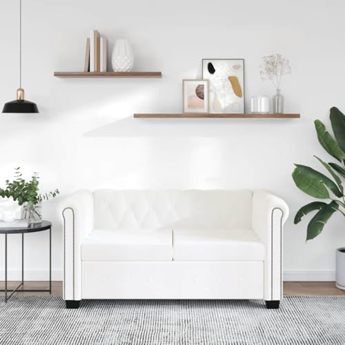 QZZCED Sofá Chesterfield de 2 plazas en Cuero sintético Blanco con Botones y reposabrazos curvados, Estructura Resistente y tapizado Duradero para salón u Oficina, diseño Elegante