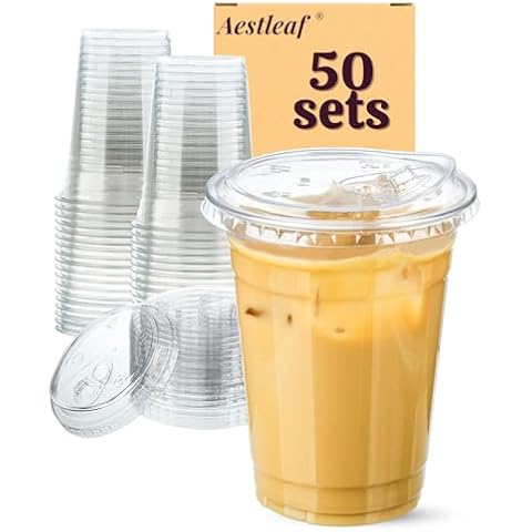 Aestleaf Clear Plastic Cups with Sip-Lids, 16 oz 50 Sets Disposable Coffee Cups Plastic Iced Coffee Cups with Strawless Lids, To Go Coffee Cups for Smoothie, Milkshake, Cold Drinks Cover
