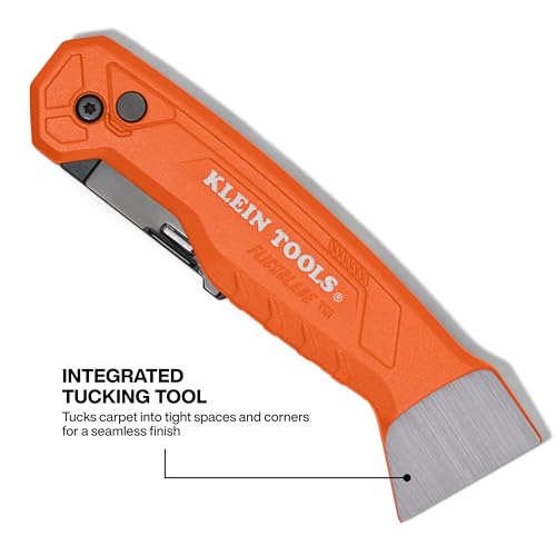 Image of Klein Tools 44310 FLICKBLADE Carpet Blade Folding Utility Knife, Two Locking Positions at 135-Degree and 180-Degree, Integrated Tucking Tool, Tool-Free Blade Change, Durable Aluminum Body