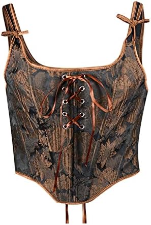 Corset Tank Top for Women Lace Ruffle Tank Top Floral Vintage Bustiers Lace up Boned Overbust Corset Bustier Blouse Brown