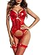 Avidlove Damen Body Dessous Set Latex Sexy Bodysuit Leder Unterwäsche Outfit Verstellbar Spitze Strapsen Strumpfband Reizwäsche BH und Slip Lingerie(Strümpfe Nicht enthalten) Rot S