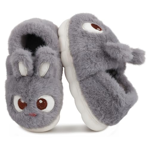 LONGWEI Kids Bunny Slippers Boys Girls Cute Plush Winter Warm Slipper Toddler Children House Shoes Grey Wrap Heel