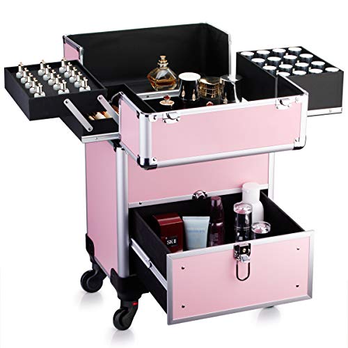 OUDMAY Makeup Case - Aluminum Professional Rolling Cosmetic Storage Box With Drawer and Locks - Thumbnail 3