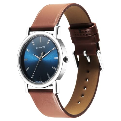 Image of Sonata Classic Quartz Analog Blue Dial Brown Leather Strap Watch for Men-NS7987SL03W /NT7987SL03W