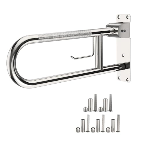 Image of Toilet Grab Bar 22.4 Inch Chrome, Munzong Anti-Slip Handicap Grab Bars with Paper Holder, Flip-Up Bathroom Safety Rails, Stainless Steel Knurled Support handrails for Seniors Elderly Disabled Pregnant