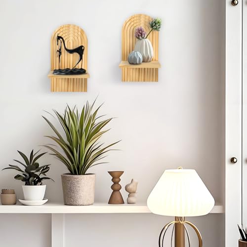 Omtofo 2 Stück Wandregal Holz Boho Wanddeko Holz Wand Deko Kinderzimmer Wand Regale Klein Pflanzregal für Wohnzimmer Schlafzimmer (Natur)