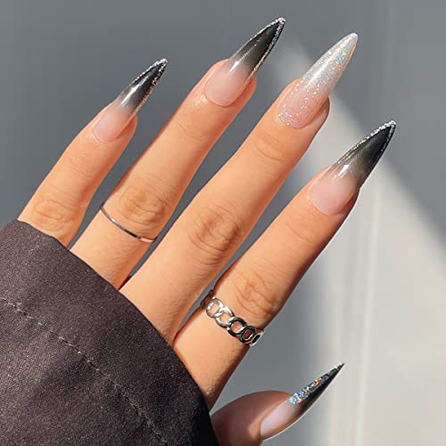 Misud Almond Press On Nails Long Stiletto Fake Nails Glossy Glue On Nails Black French Tip Gradient Acrylic Nails Shiny Glitter Stick On False Nails 24 Pcs #TOP16