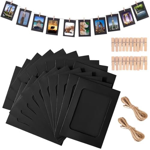 20 Piezas Marco de Fotos de Papel Kraft, 11.4x15.4cm Marcos De Fotos de Papel, Marco de Foto de Cartón, con Pinzas de Madera y Cuerda de Cáñamo, para Hogar Oficina Colegio Decoración de Pared, Negro