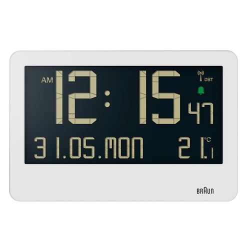 Braun Central European Time Zone (DCF) Digitale Funkwanduhr mit Innentemperatur, Datum, Wochentag, großem umgekehrtem LCD-Display, Crescendo-Piepton-Alarm in Weiß, Modell BC14W-DCF.