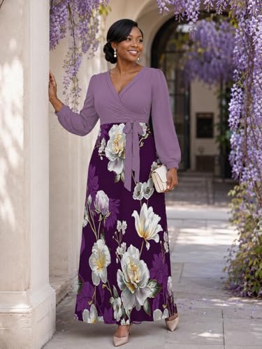 Image of PinkPatty Plus Size Dresses for Curvy Women V Neck Flowy Long Sleeves Wrap Maxi Dress Travel Vacation Outfits