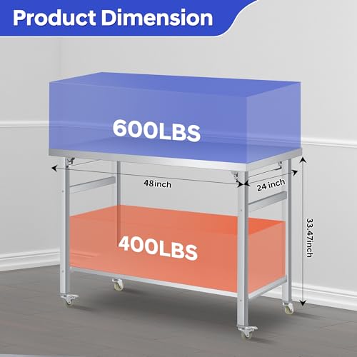 Stainless Steel Folding Table (48x24 in), Commercial Work Table w/Lockable Casters & Undershelf, for Home, Kitchen, Restaurant, Garage, Camping, Outdoor, 920LBS Load, Foldable Double-Tier Workstation