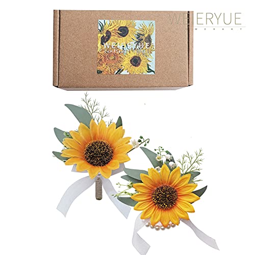 Weieryue Artificial Sunflower Boutonniere,Bride Groom Bridesmaid Wedding Flower Corsage Set,Formal Party And Vintage Wedding.(1 Sunflower Boutonniere & 1 Sunflower Wrist Corsage) #TOP3