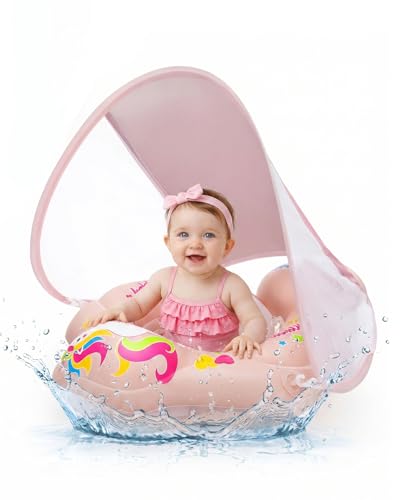 Bouée Bébé avec Auvent Amovible UPF 50+, Flotteur Ajustable pour Bébé, Bouée Piscine Gonflable, Siège de Sécurité, Protection Solaire, Imperméable,...