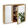 Relaxdays spiegelkast bamboe, 2 deuren, hangende badkamerkast, toiletkast hout, HBD: 50 x 65 x 14 cm, natuurlijke kleur