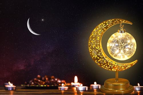 Bomkra 8QP8VT7VP0FQ5UC0D02 Moon Table Lamp Battery Operated Crescent Lamp Half Moon Light Retro Metal Ramadan Star Lamp Lunar Wireless Lamp Eid Decorations Moon Bedside Lamp Room Decor thumb #4