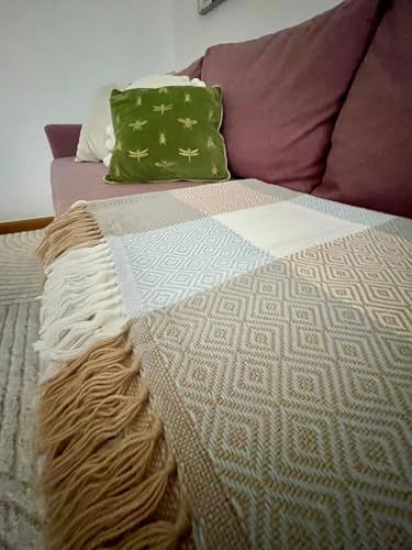 Plaid en alpaga contre le froid couverture de canapé patchwork beige et crème