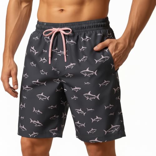 9 Inch Men Swim Trunks with Mesh Lining Breathable Quick Dry Drawstring Pockets for Summer Beach Travel Cruise Small Aqua Shark
