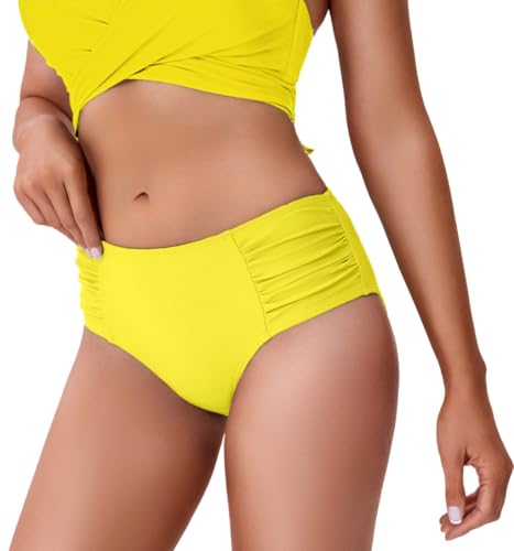 Image of COCOPEAR Full Coverage Bikini Bottoms for Women Mid Rise Bathing Suit Bottoms for Women Ruched Tummy Control Swim Bottoms