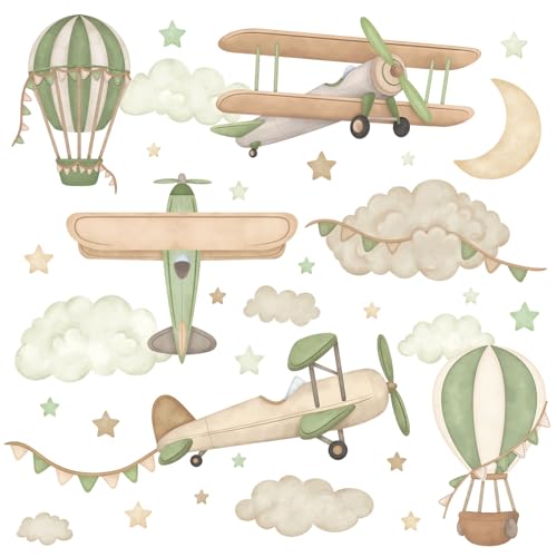 Wally Fox Stickers Muraux Enfants – Autocollants Décoratifs - Non Toxique, Sûr, de Haute Qualité – Déco Chambre – Avions, ballons, étoiles, nuages,...